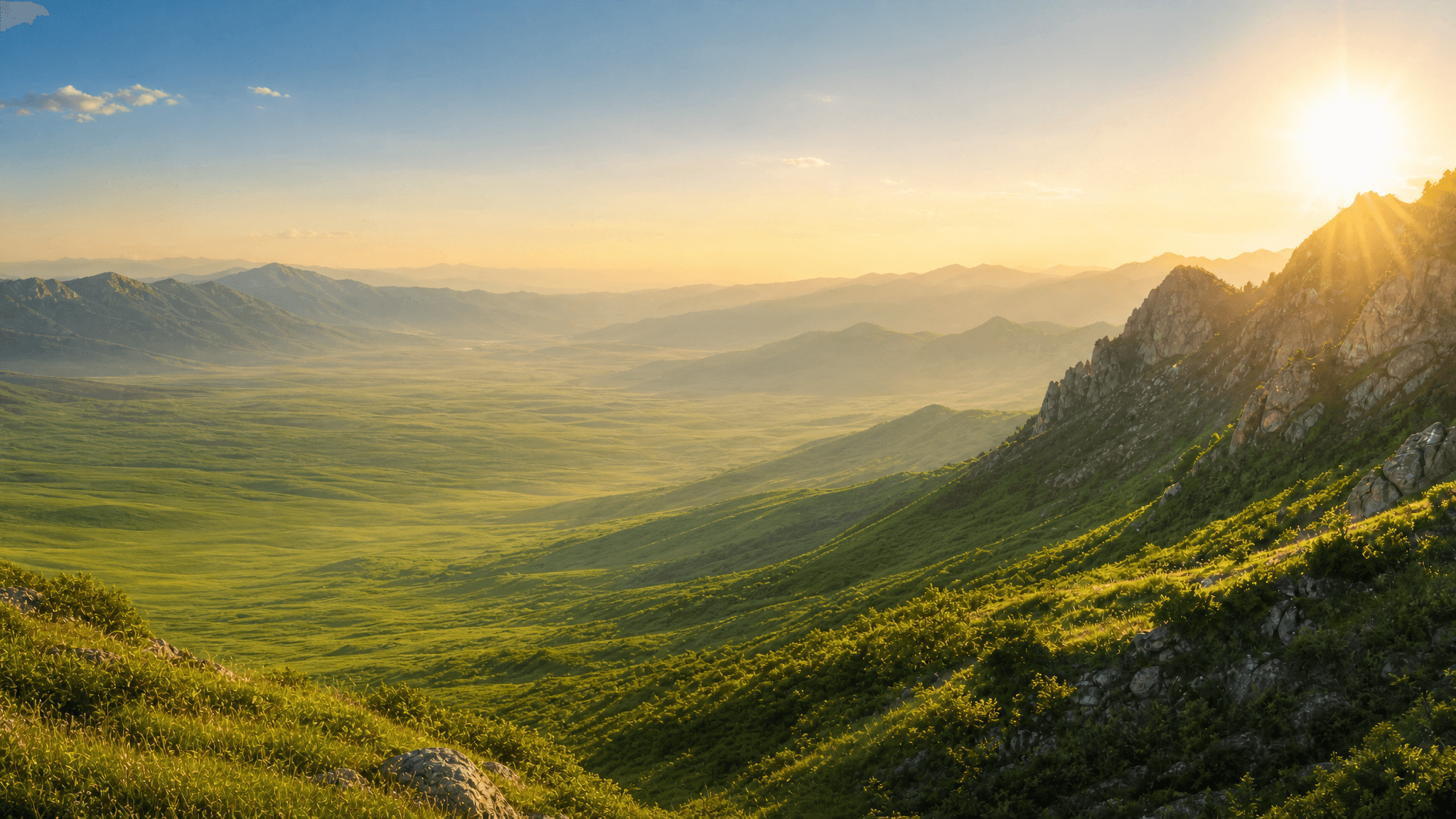 Sunlit green mountain valley at sunrise